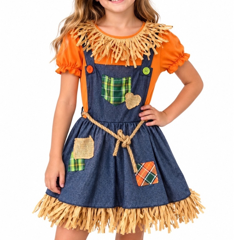 Fun World Scarecrow Costume Kids Size 8-10 Orange Blue Patchwork Halloween Dress
